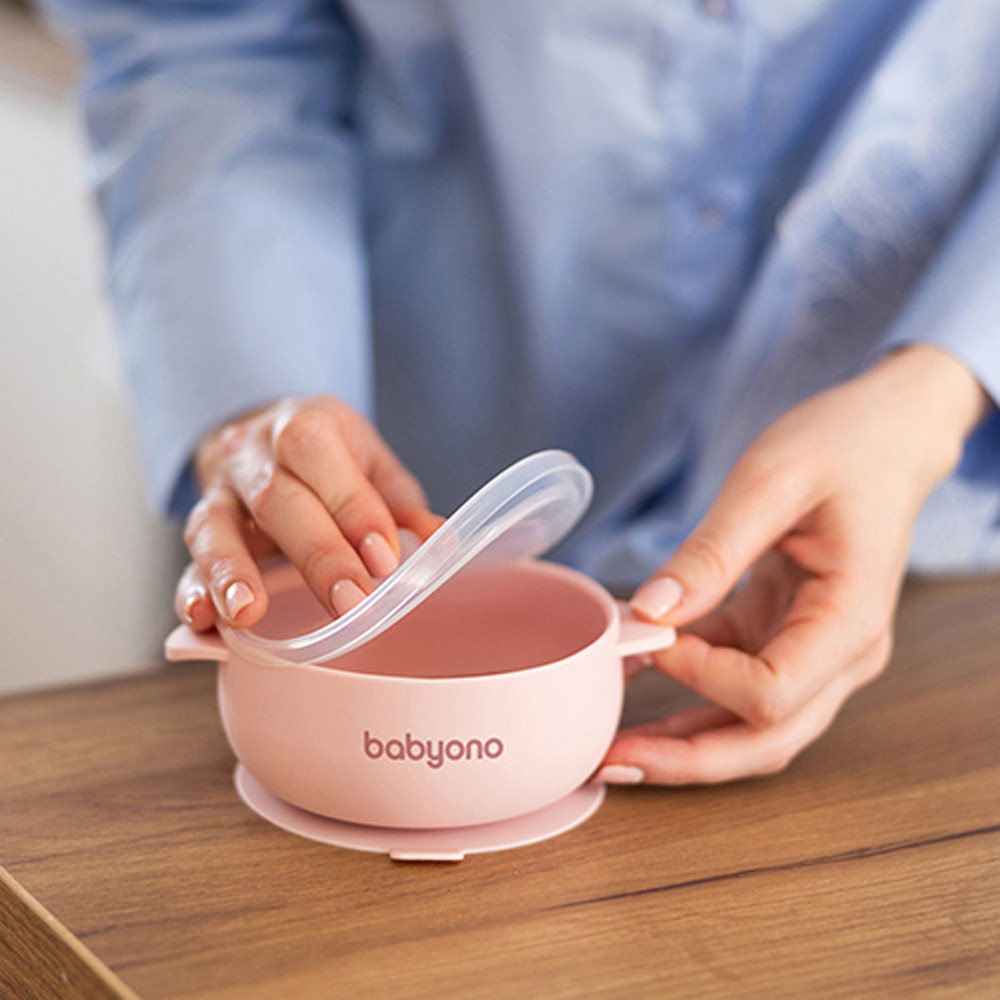 BabyOno 1662/02 - Szilikon Tapadókorongos Tányér Fedéllel/Pink – babatermék