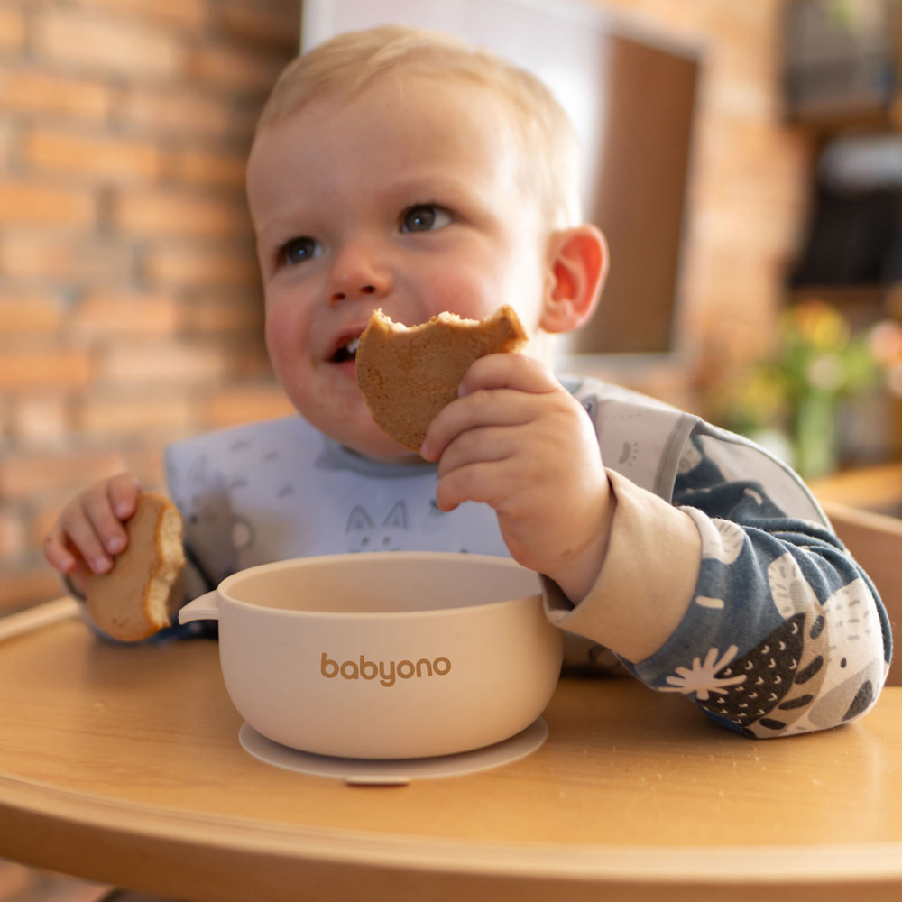 BabyOno 1662/03 - Szilikon Tapadókorongos Tányér Fedéllel/Bézs – babatermék