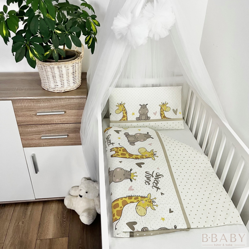 Sweet Time bézs – 2 részes babaágynemű szett bébi vízilóval és zsiráffal, 100% pamut