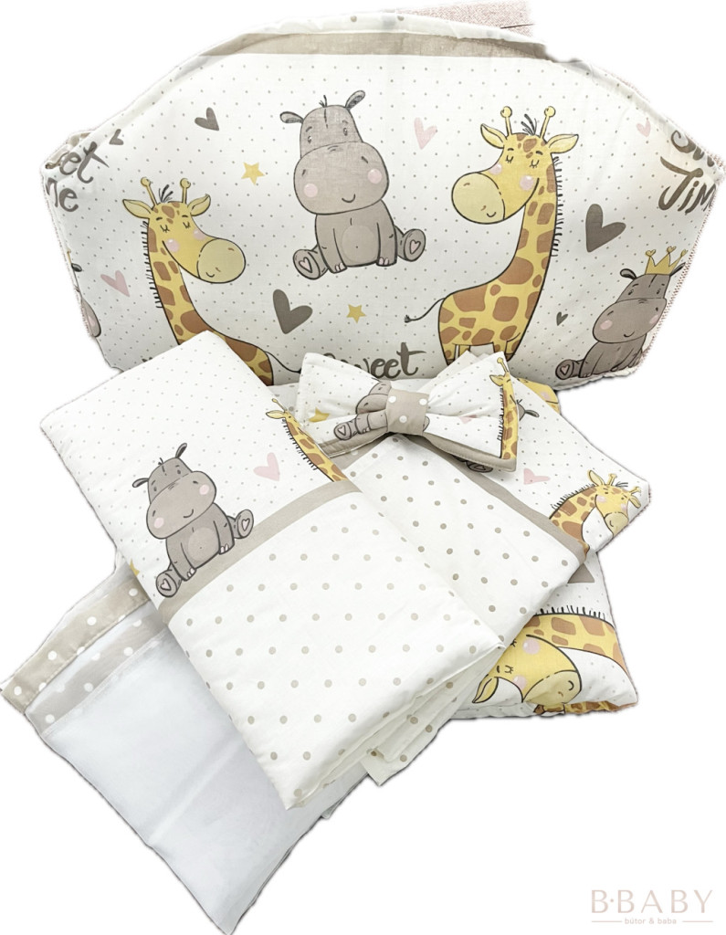 Sweet Time bézs – boldog bébi zsiráf és víziló mintás 4 részes babaágynemű szett – babatermék