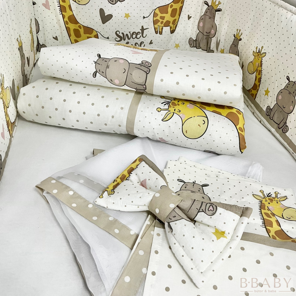 Sweet Time bézs – boldog bébi zsiráf és víziló mintás 4 részes babaágynemű szett – babatermék