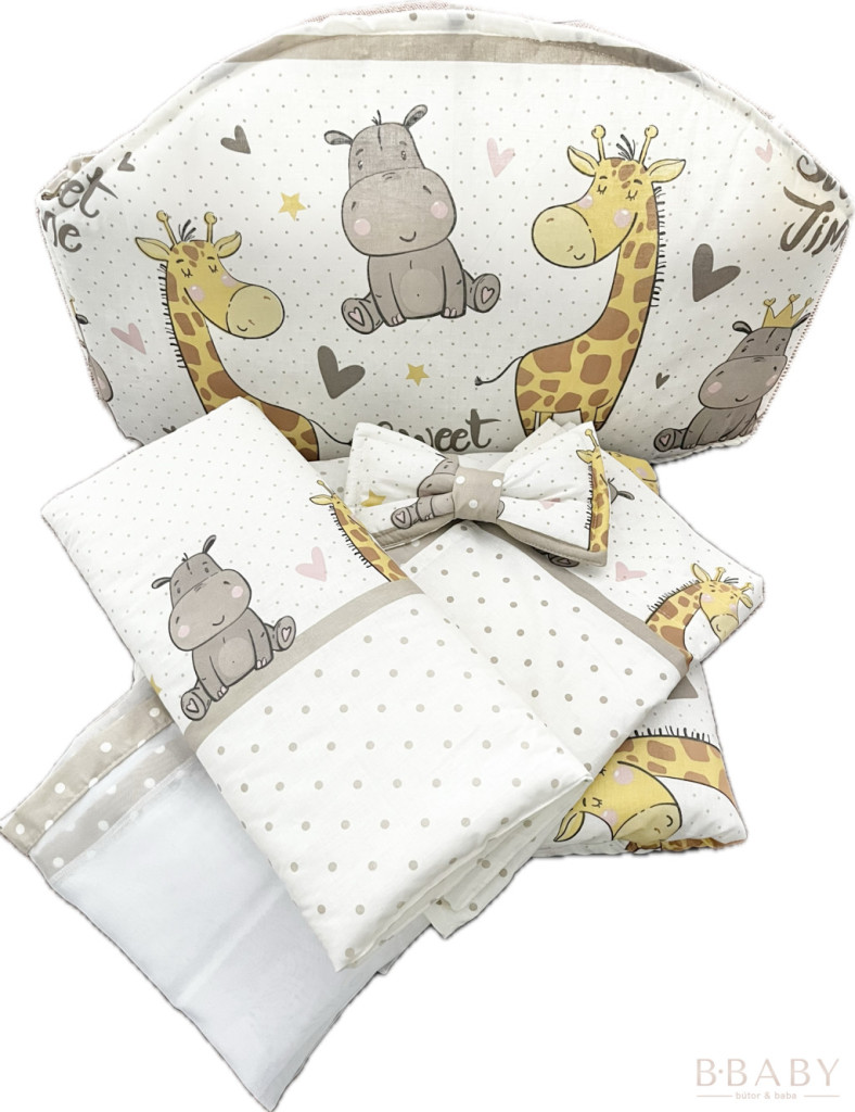 Sweet Time bézs – boldog bébi zsiráf és víziló mintás 4 részes babaágynemű szett – babatermék