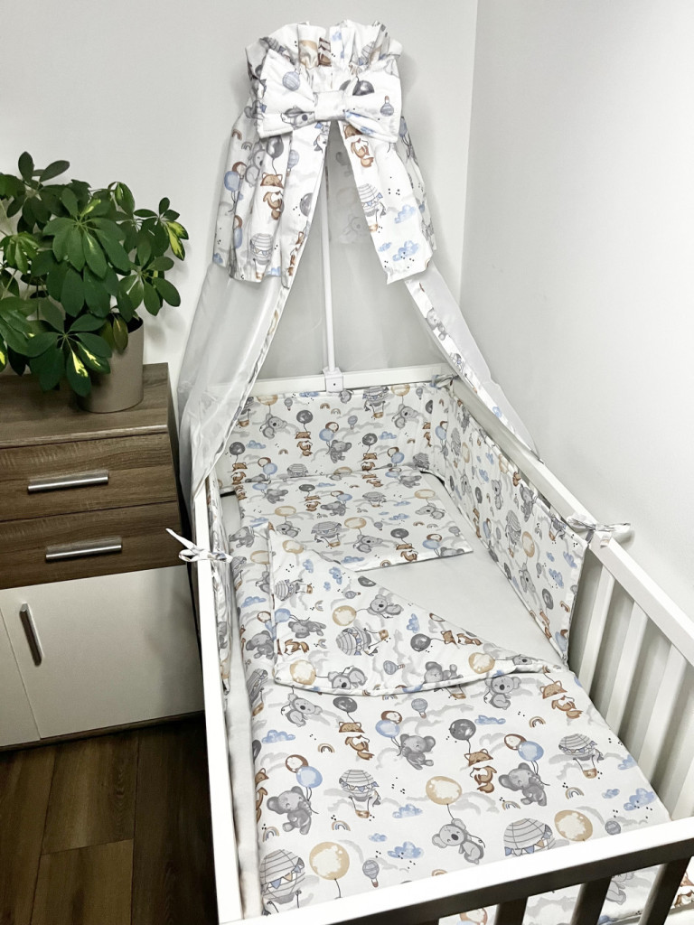 Bbaby 4 részes babaágynemű – Lufis Állatok, pamutvászon, párna, takaró, rácsvédő, baldachinfüggöny – babatermék
