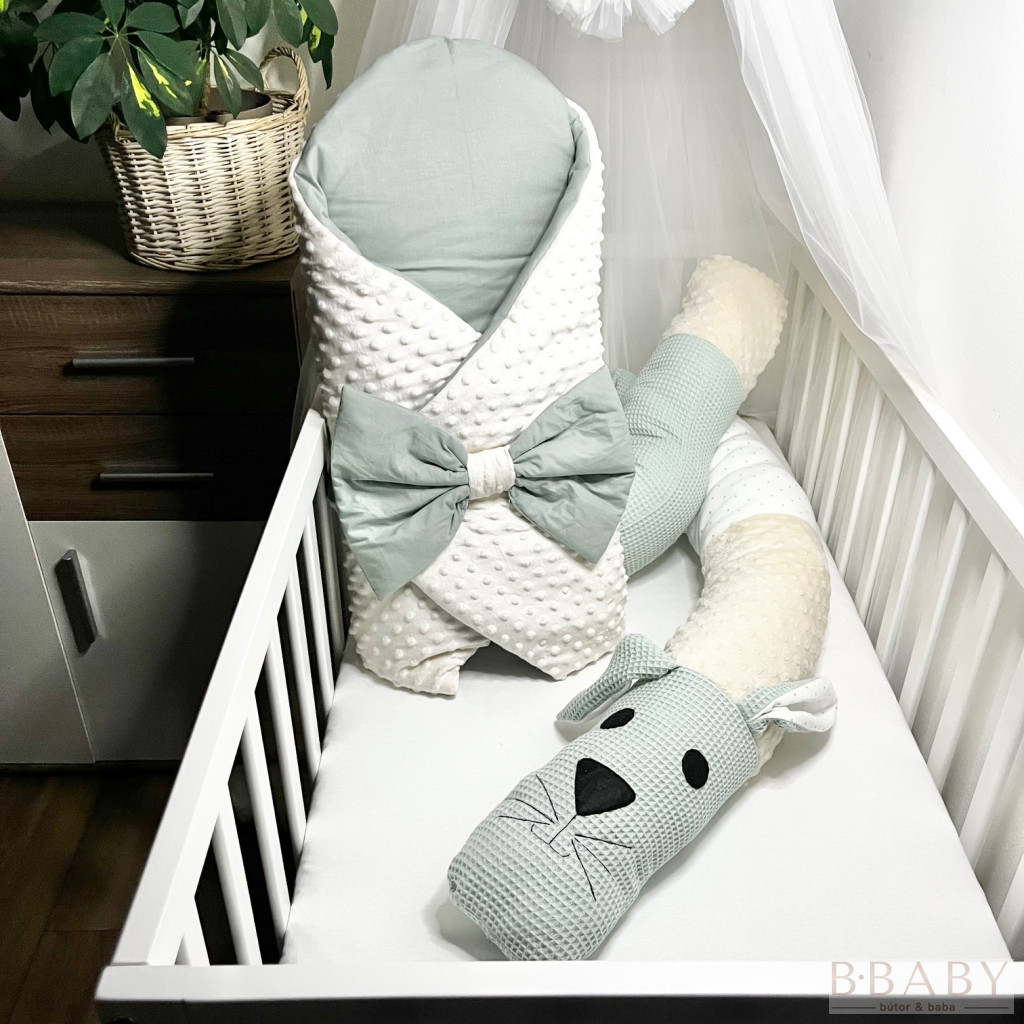 Kókuszpólya Joey – Krém minky és olívazöld pamut, 80×80 cm – Uniszex, masnis, kókuszbetéttel