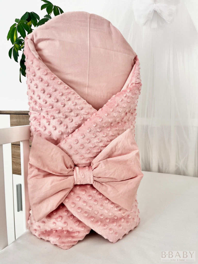 Kókuszpólya – Phoebe púder minky és pamut, 80×80 cm – Kislányoknak, dekoratív masnival, kókuszbetéttel