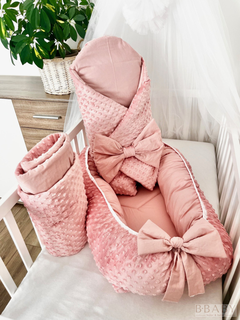 Kókuszpólya – Phoebe púder minky és pamut, 80×80 cm – Kislányoknak, dekoratív masnival, kókuszbetéttel