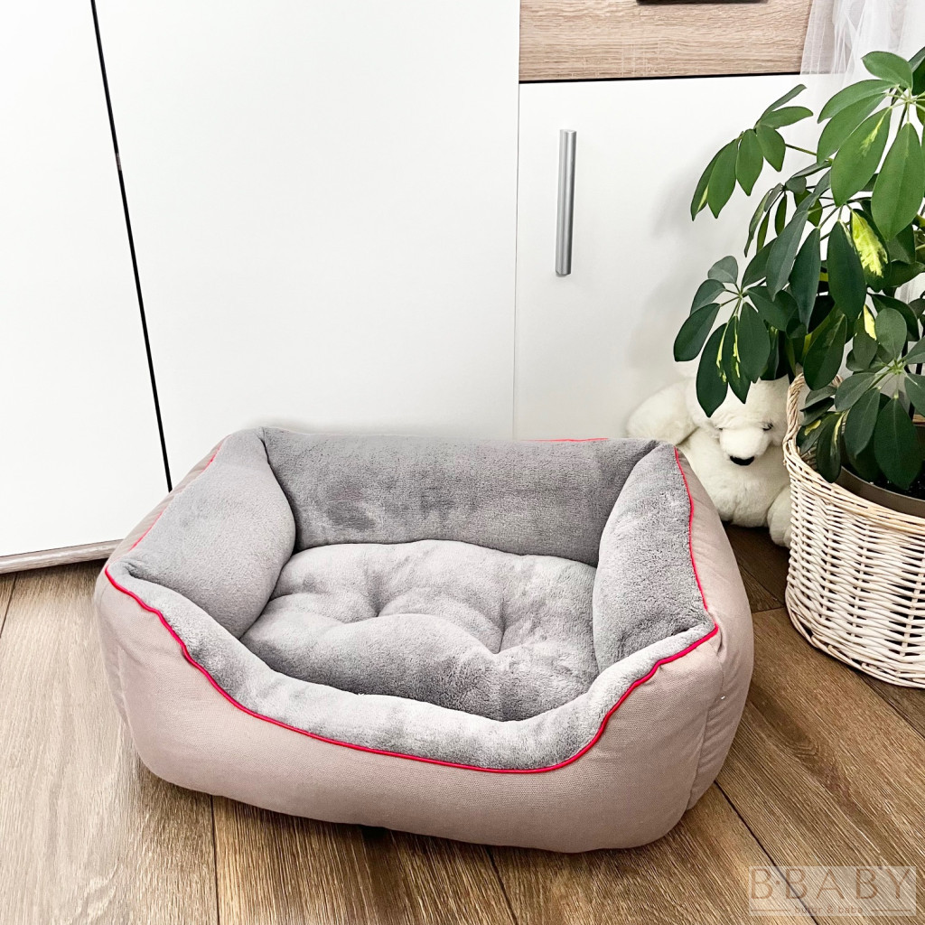Pasztell Púder S kutyafekhely – Kicsi kuckó 2–5 kg-ig | Szürke plüss belső, pasztell vászon külső – babakocsi