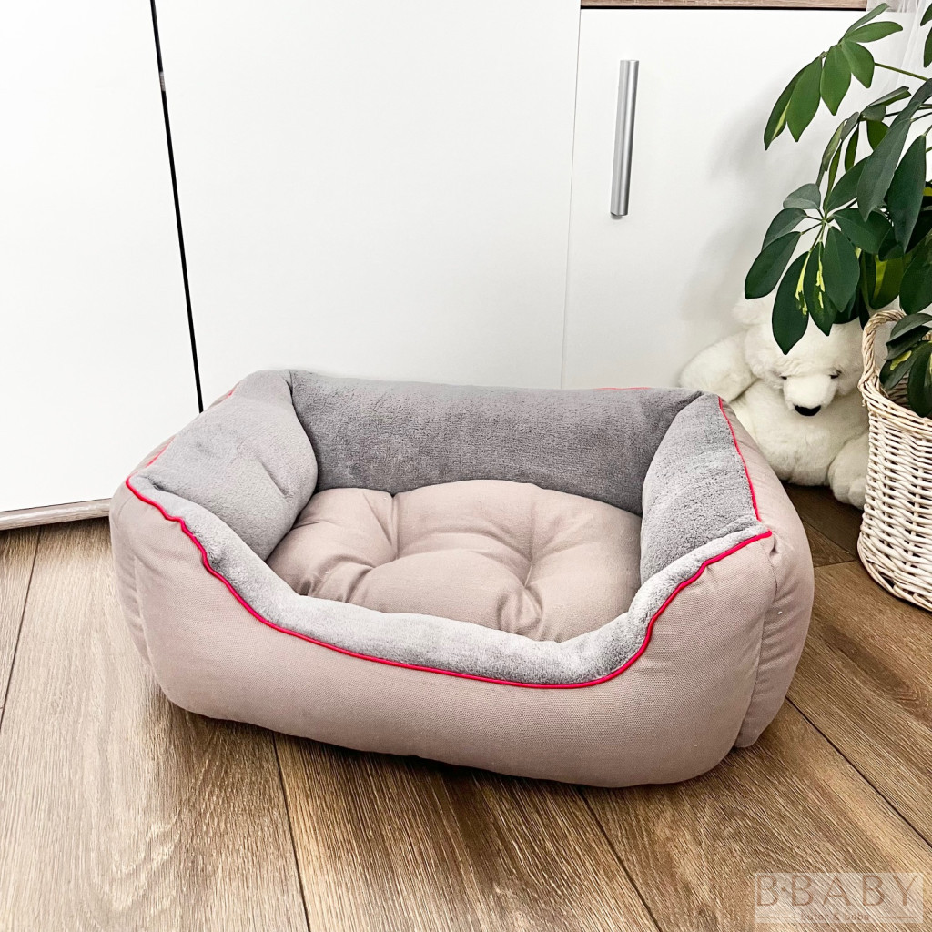Pasztell Púder S kutyafekhely – Kicsi kuckó 2–5 kg-ig | Szürke plüss belső, pasztell vászon külső – babakocsi