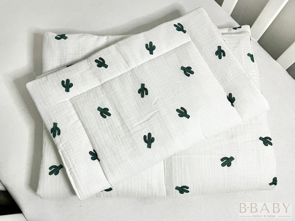 Zöld Kaktuszok – 2 részes babaágynemű szett duplagéz anyagból, 70×90 cm, természetes mintával