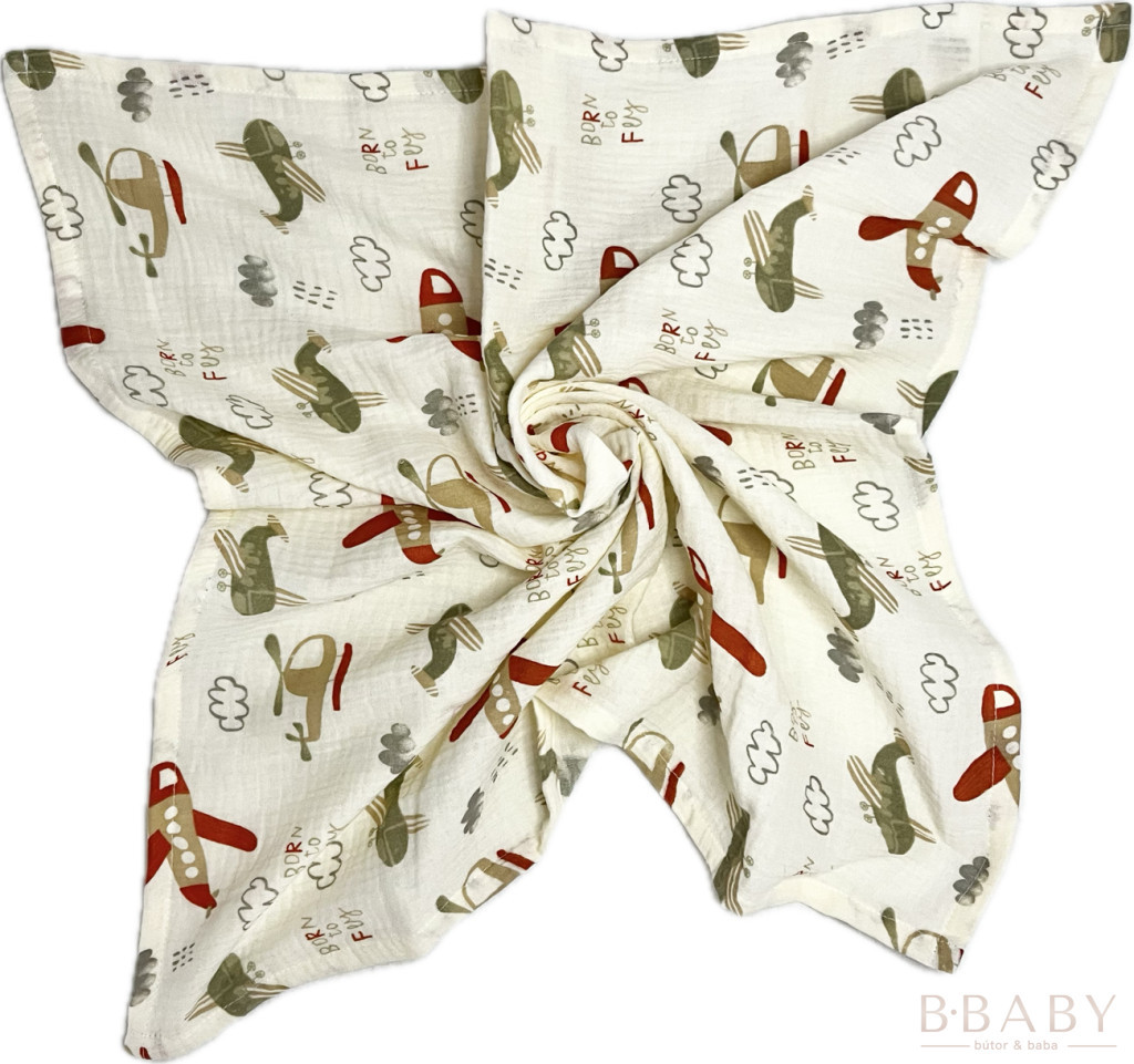 Born to Fly muszlin takaró 100x130 cm – repülős minta, 100% pamut duplagéz baba textil – babatermék