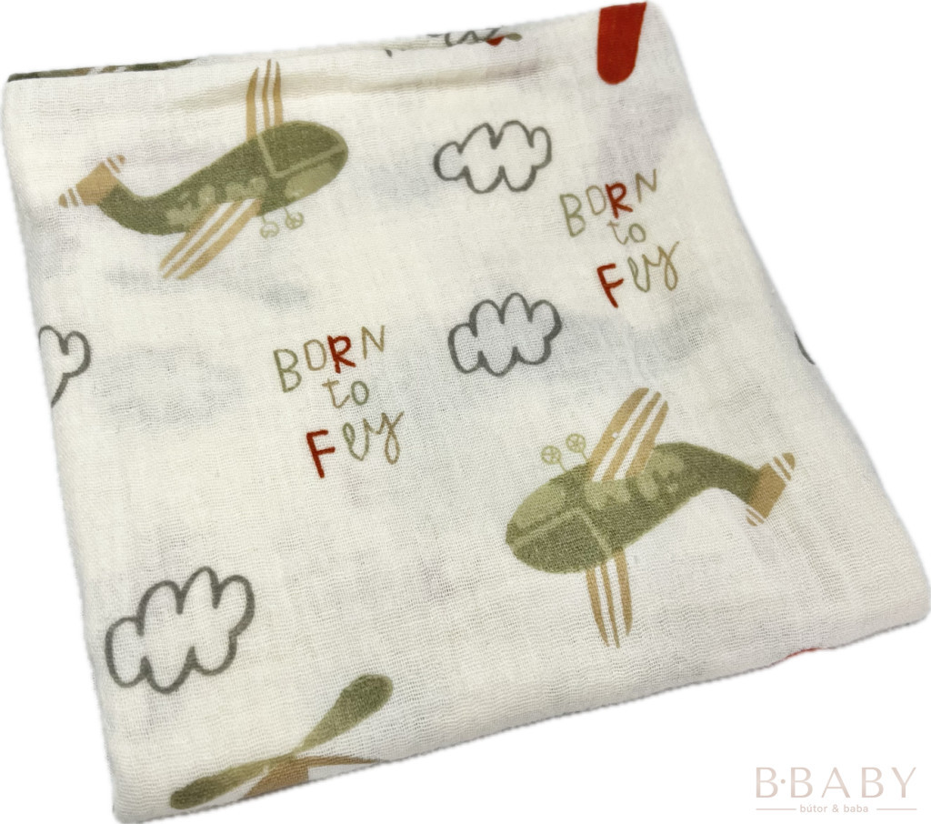 Born to Fly muszlin takaró 100x130 cm – repülős minta, 100% pamut duplagéz baba textil – babatermék
