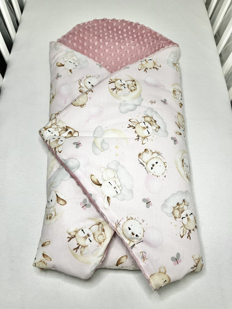 Bbaby kókuszpólya – Állatbarát Álom, rózsaszín és púder minky, állatmintás pamutvászon, kivehető kókuszbetéttel