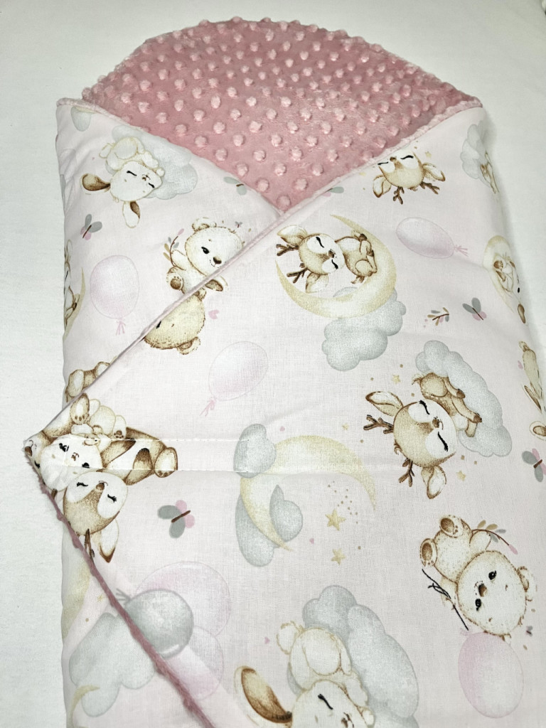 Bbaby kókuszpólya – Állatbarát Álom, rózsaszín és púder minky, állatmintás pamutvászon, kivehető kókuszbetéttel