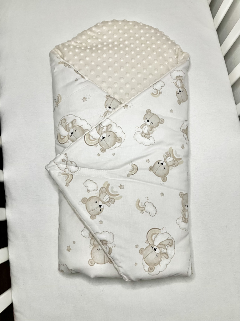 Bbaby kókuszpólya – Álomfelhő Mackó Szivárványos, bézs minky és mackós pamutvászon, kivehető kókuszbetéttel