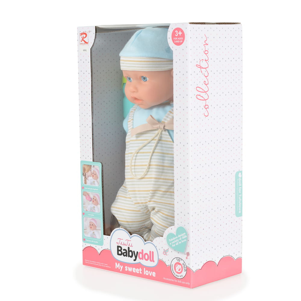 Moni BABA 41 cm-es fiú baba, csíkos, kantáros nacis VKÉK/szürke