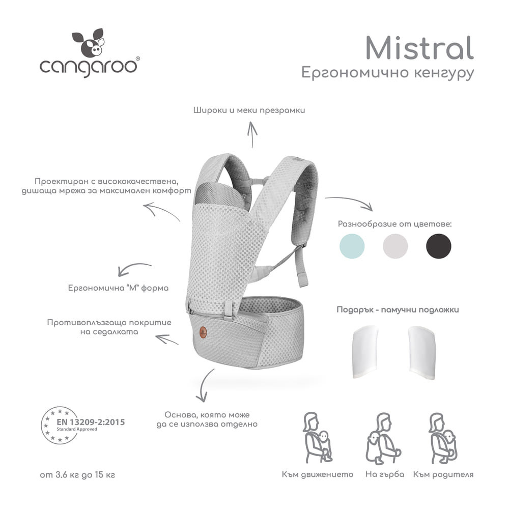 Cangaroo MISTRAL bébi hordozó 3 poziciós, ergonomikus, hálós TÜRKIZ