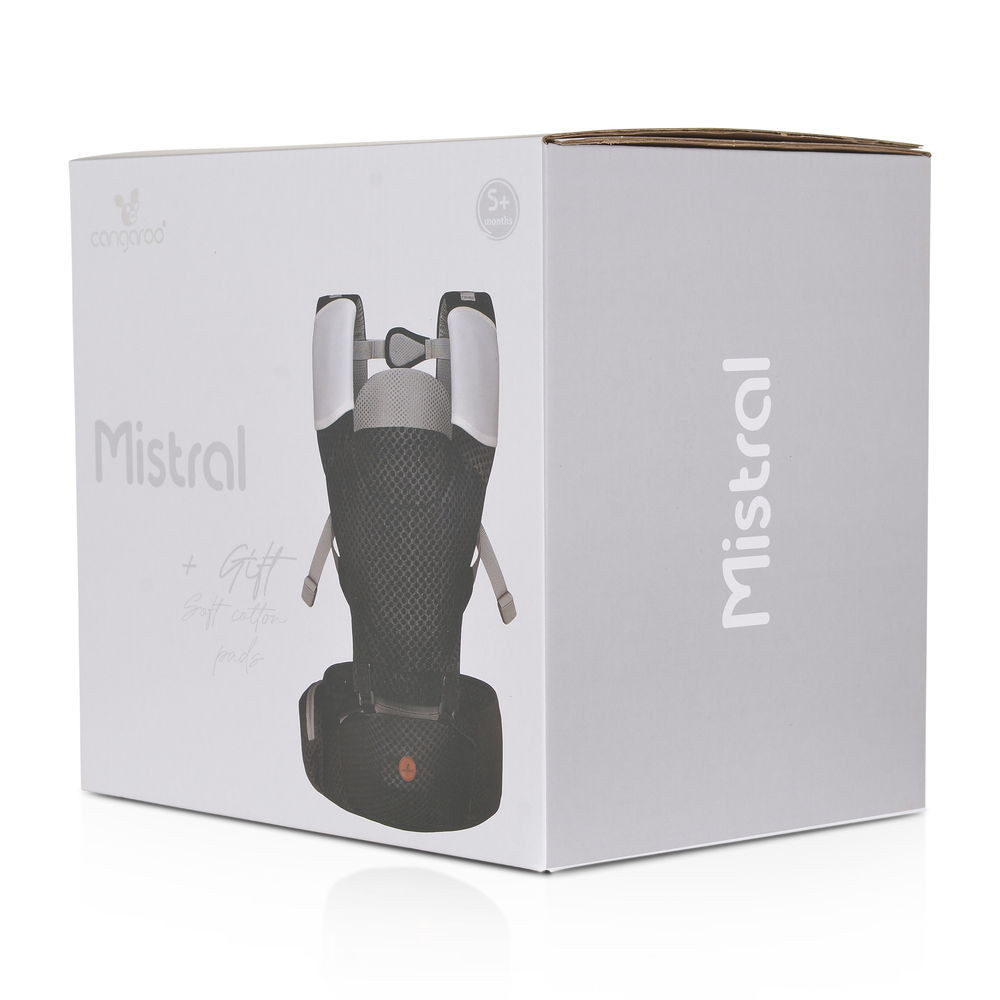 Cangaroo MISTRAL bébi hordozó 3 poziciós, ergonomikus, hálós FEKETE