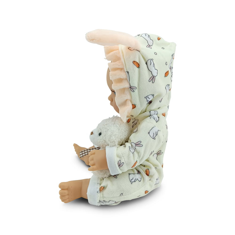 Moni BABA 30cm  újszülött nyusziruhában kisnyuszival SZÜRKE