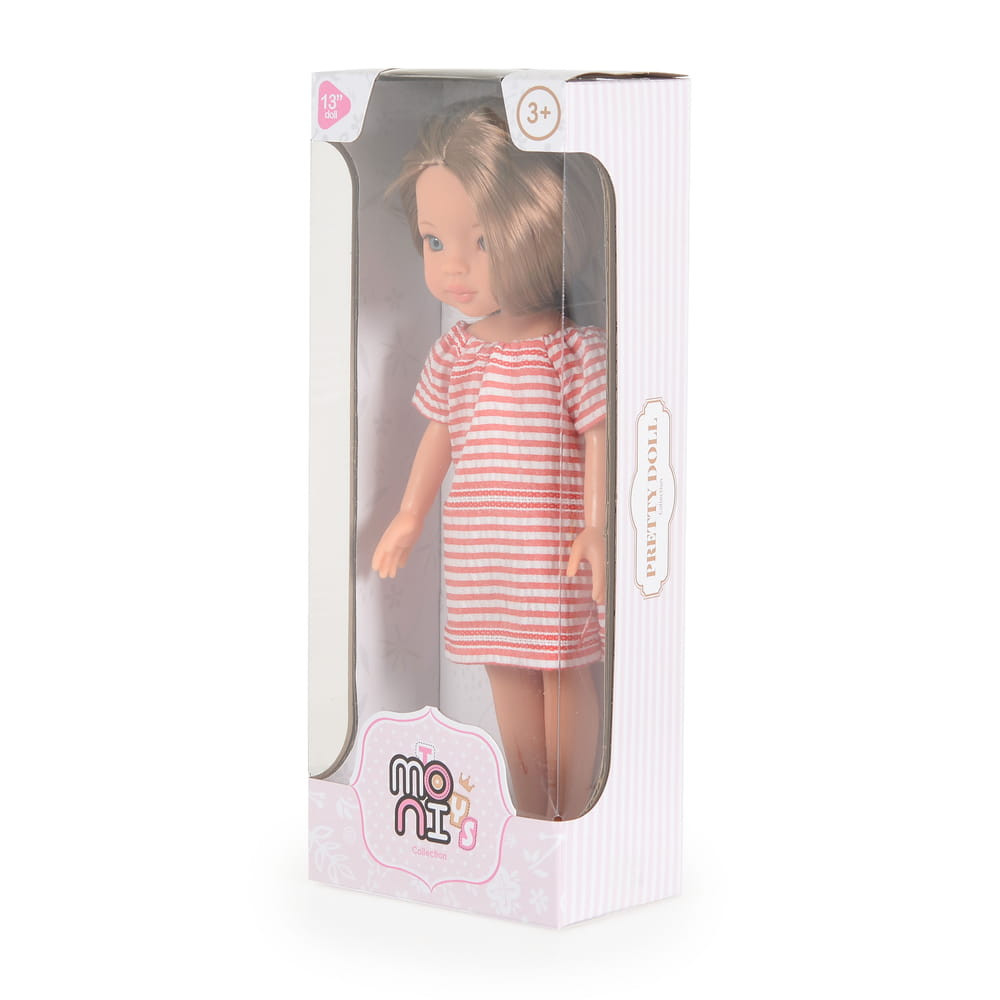 Moni BABA 33 cmes hajasbaba csíkos ruhás, barna hajú PINK