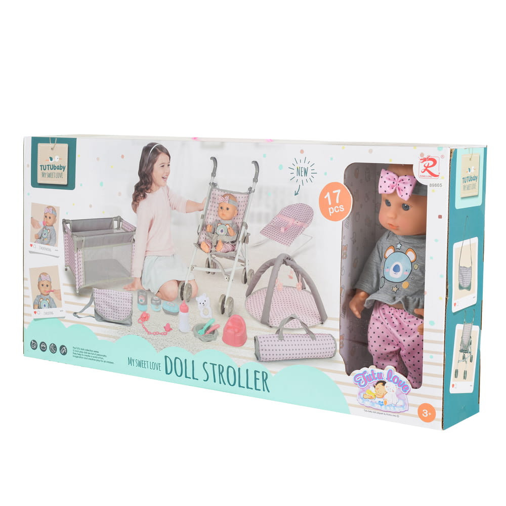 Moni BABA játékszett 36 cmes LÁNY babával delux playset SZÜRKE