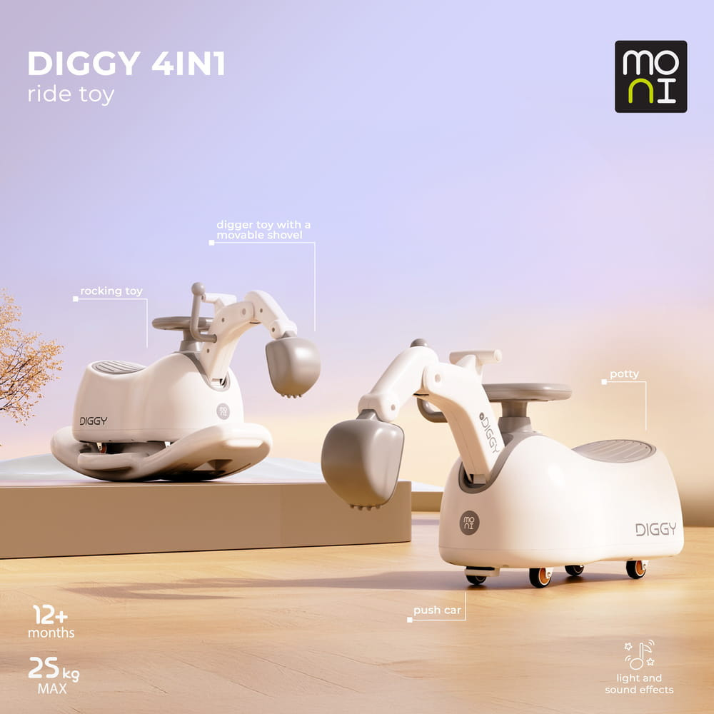 Moni DIGGY 4in1 ráülős kotrógép+hinta+bili – babatermék