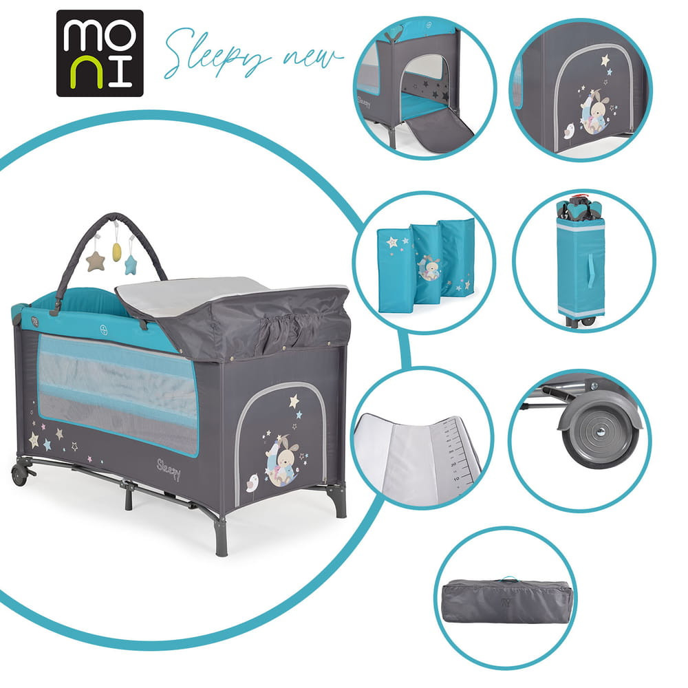 Moni - Sleepy összecsukható luxus babaágy 2 szint+pelenkázó+ játék türkiz