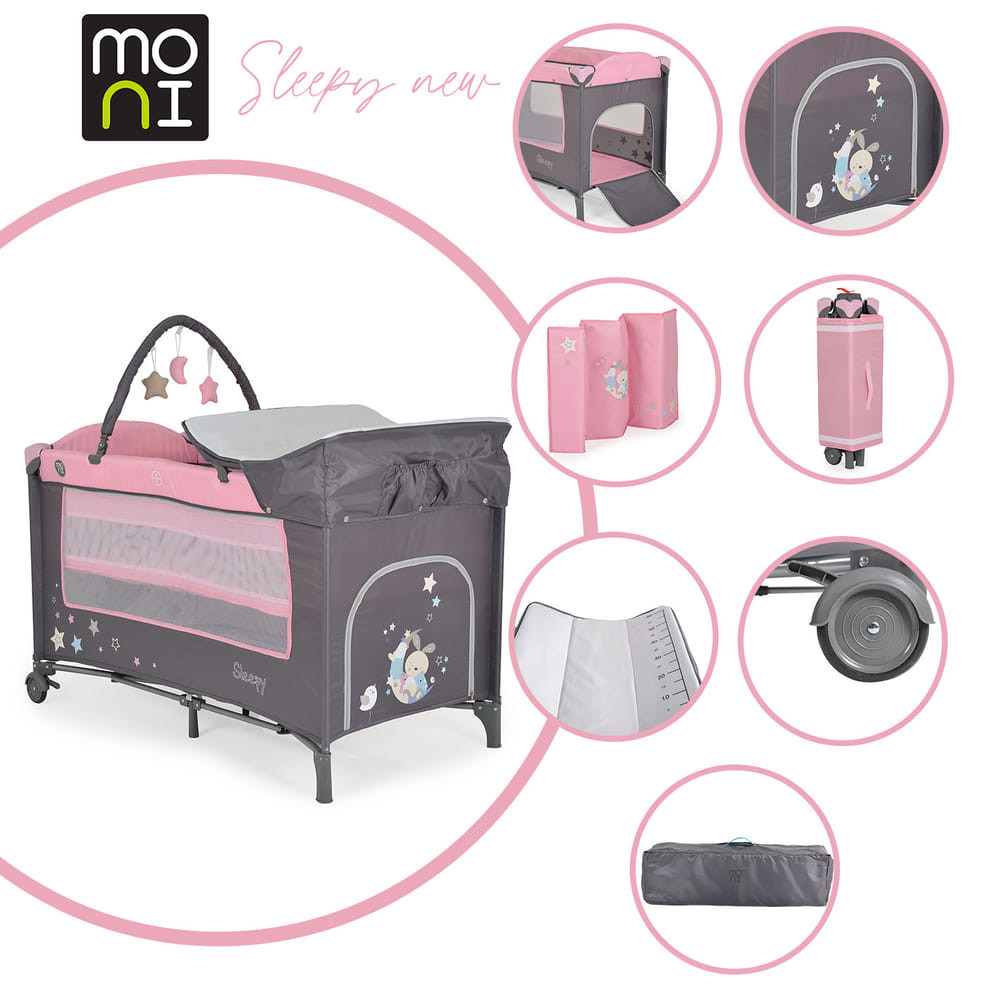 Moni - Sleepy összecsukható luxus babaágy 2 szint+pelenkázó+ játék pink