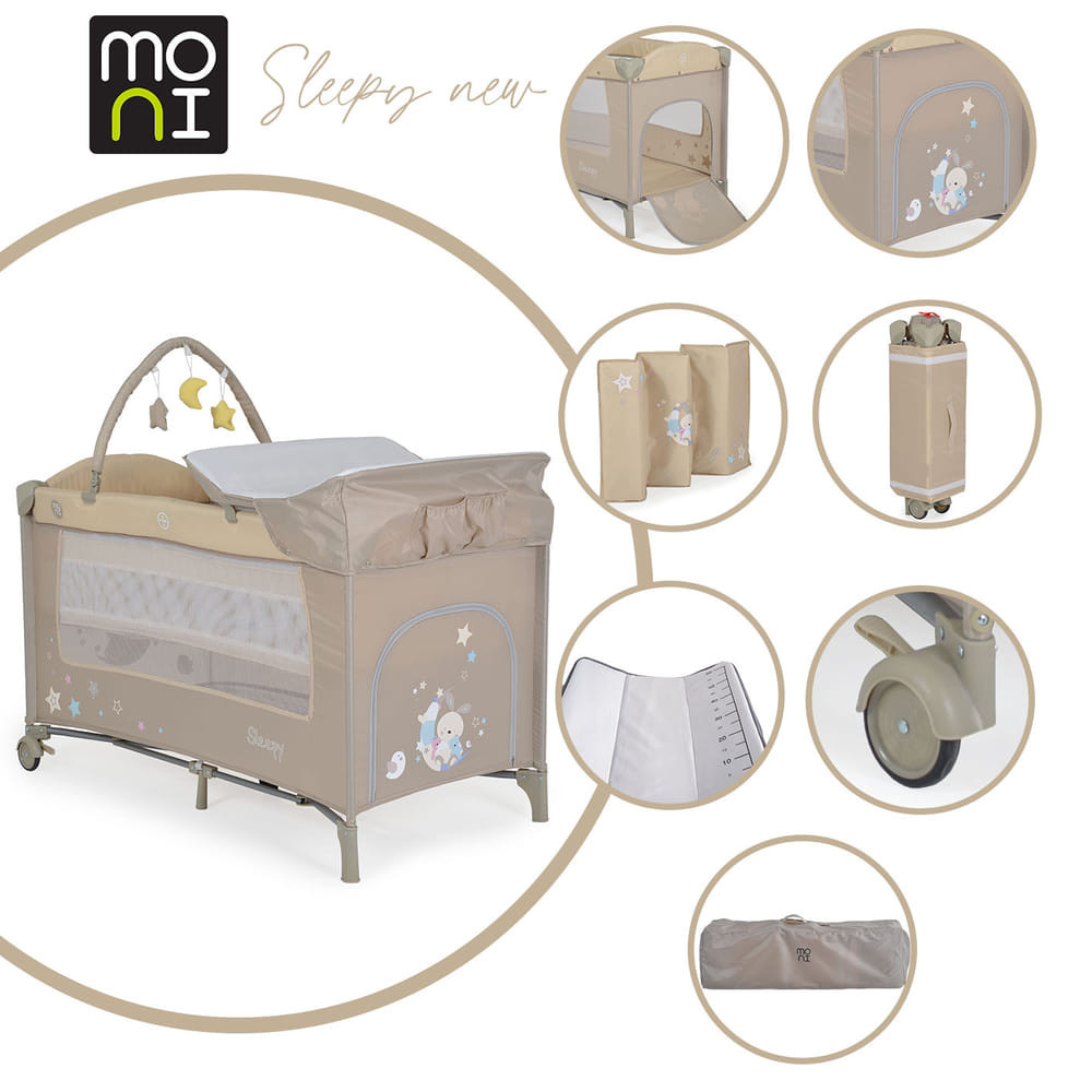 Moni - Sleepy összecsukható luxus babaágy 2 szint+pelenkázó+ játék bézs
