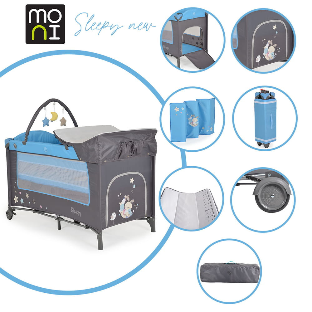Moni - Sleepy összecsukható luxus babaágy 2 szint+pelenkázó+ játék kék