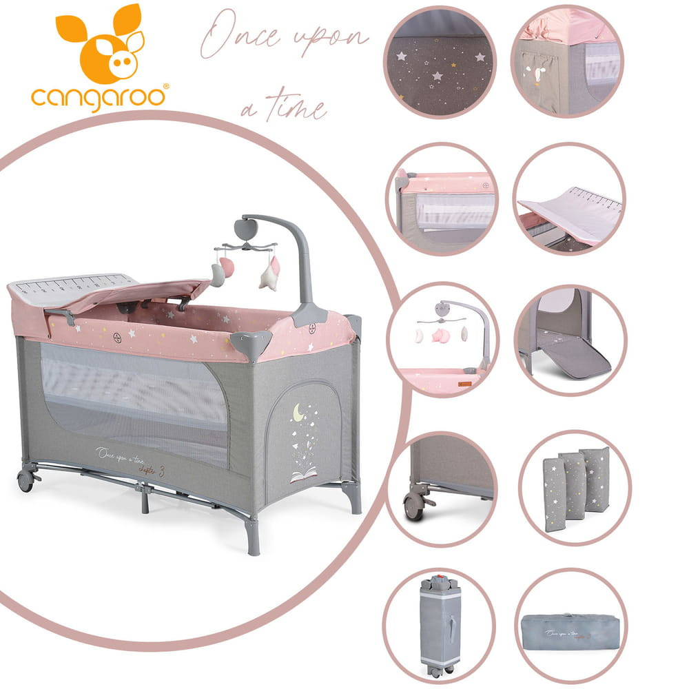 Cangaroo - Once upon3 2 szintes utazóágy zenélő játékkal, pelenkázós pink