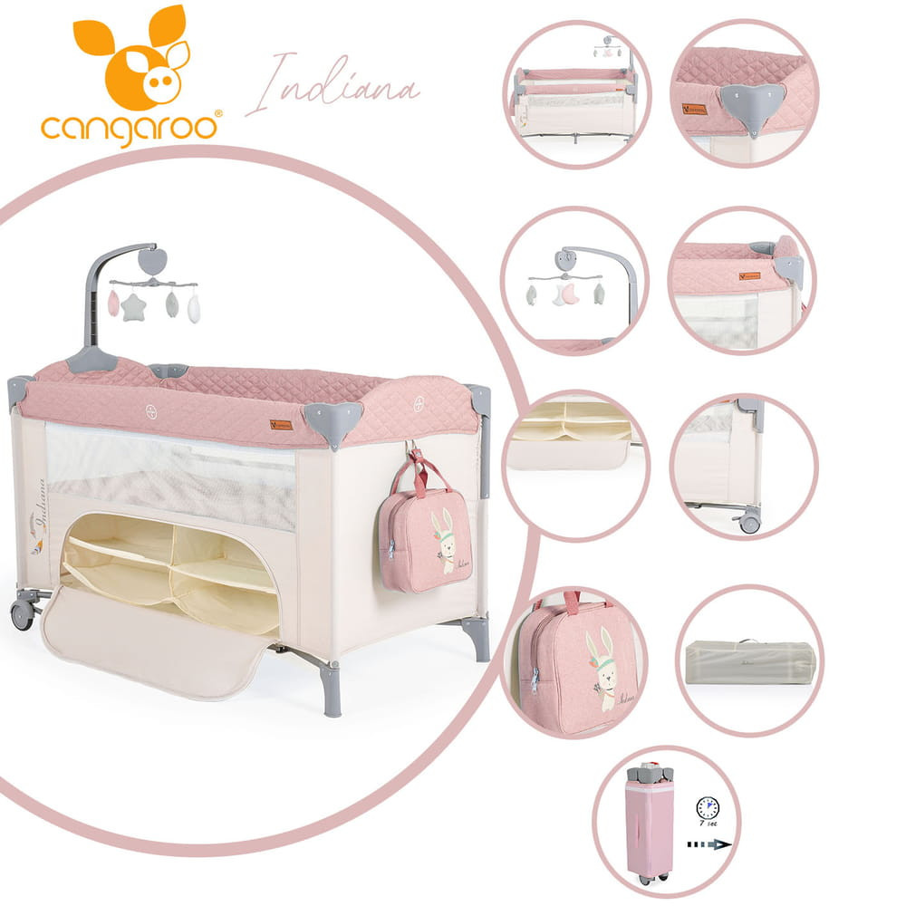 Cangaroo Indiana 2 szintes utazóágy tároló rekesz, kistáska 14kg pink – babatermék