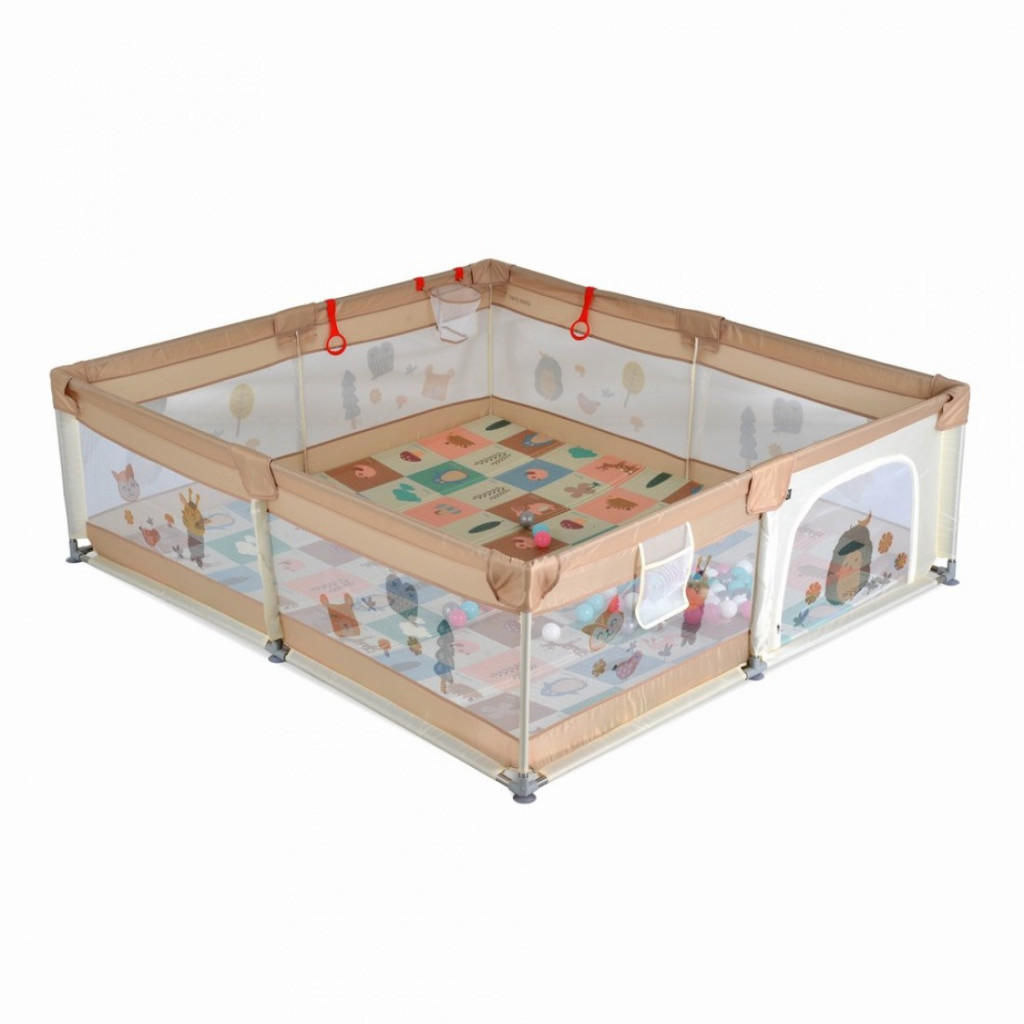 Moni - GAMEZONE összecsukható járóka szőnyeggel, 60 labdával 180x200 BÉZS