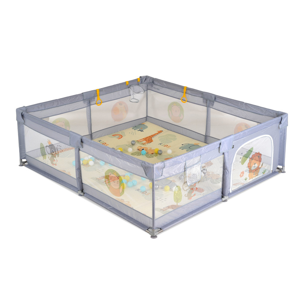 Moni - GAMEZONE összecsukható járóka szőnyeggel, 60 labdával 180x200 SZÜRKE