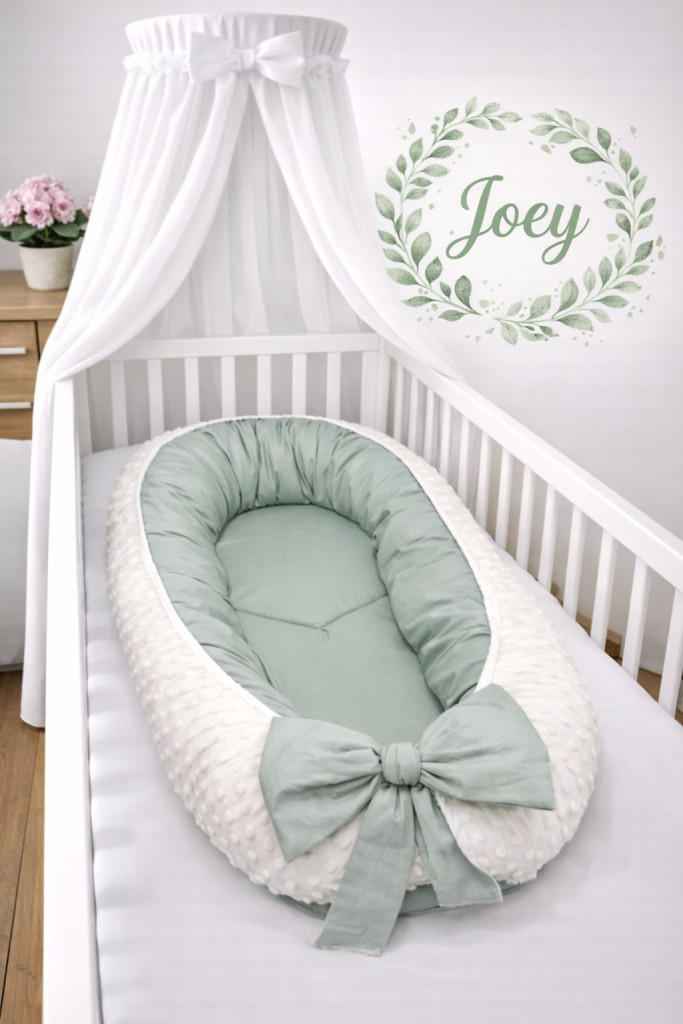 Joey – Babafészek olivazöld pamut és krém minky kombinációval