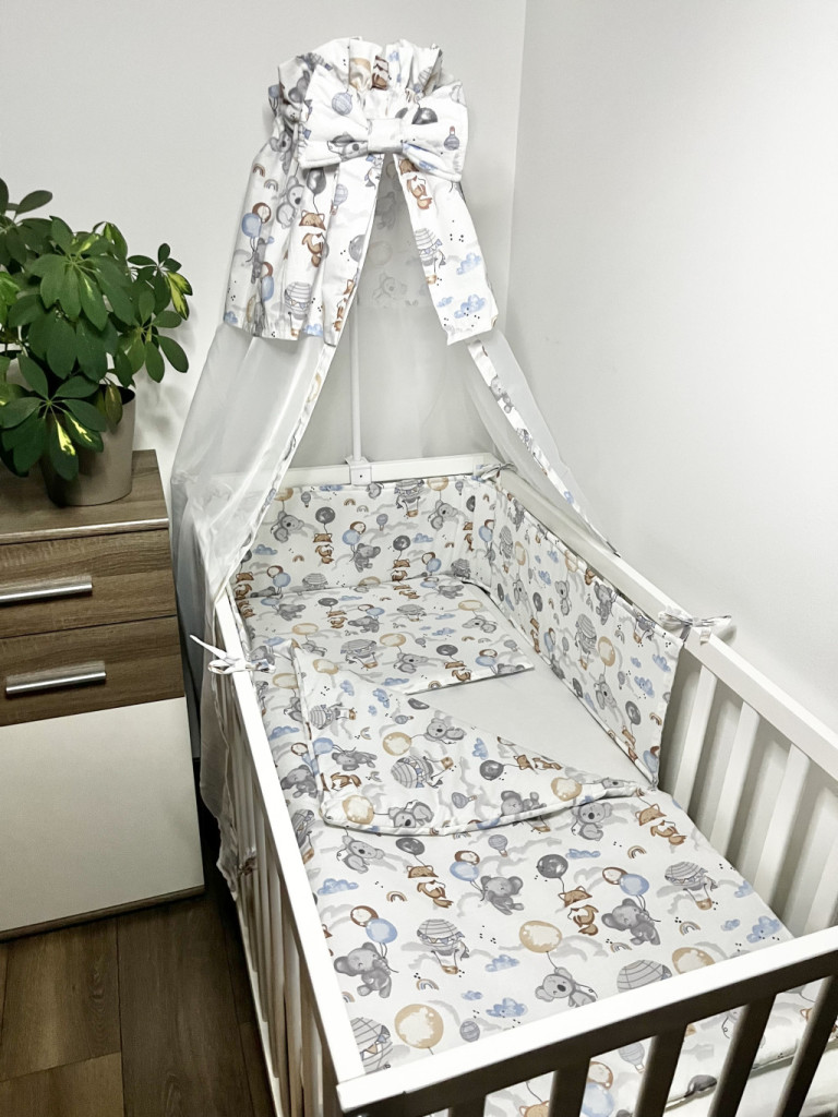 Bbaby 4 részes babaágynemű – Lufis Állatok, pamutvászon, párna, takaró, rácsvédő, baldachinfüggöny – babatermék