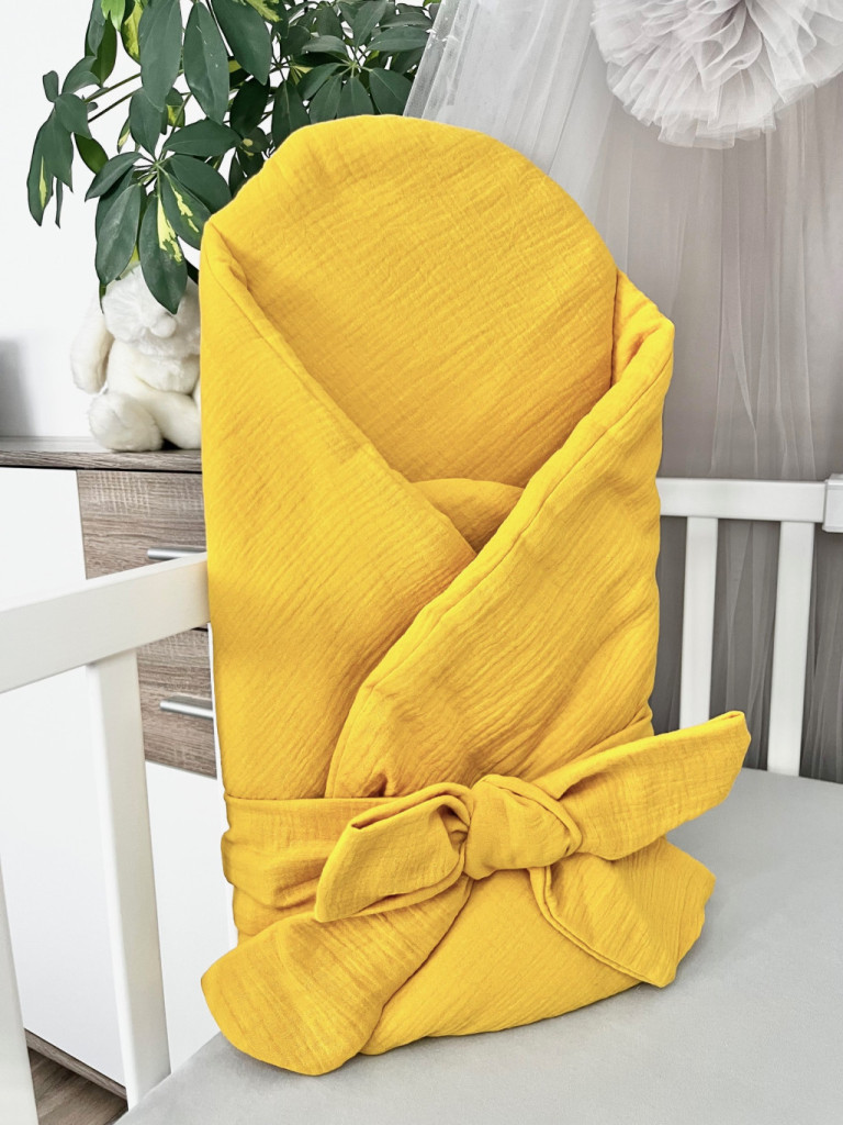 Mustársárga muszlin kókuszpólya – 75x75 cm-es természetes kuckó újszülötteknek
