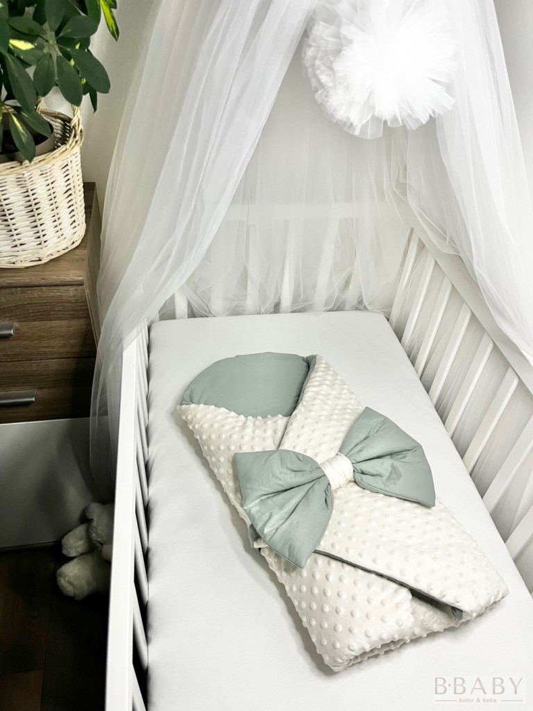 Kókuszpólya Joey – Krém minky és olívazöld pamut, 80×80 cm – Uniszex, masnis, kókuszbetéttel