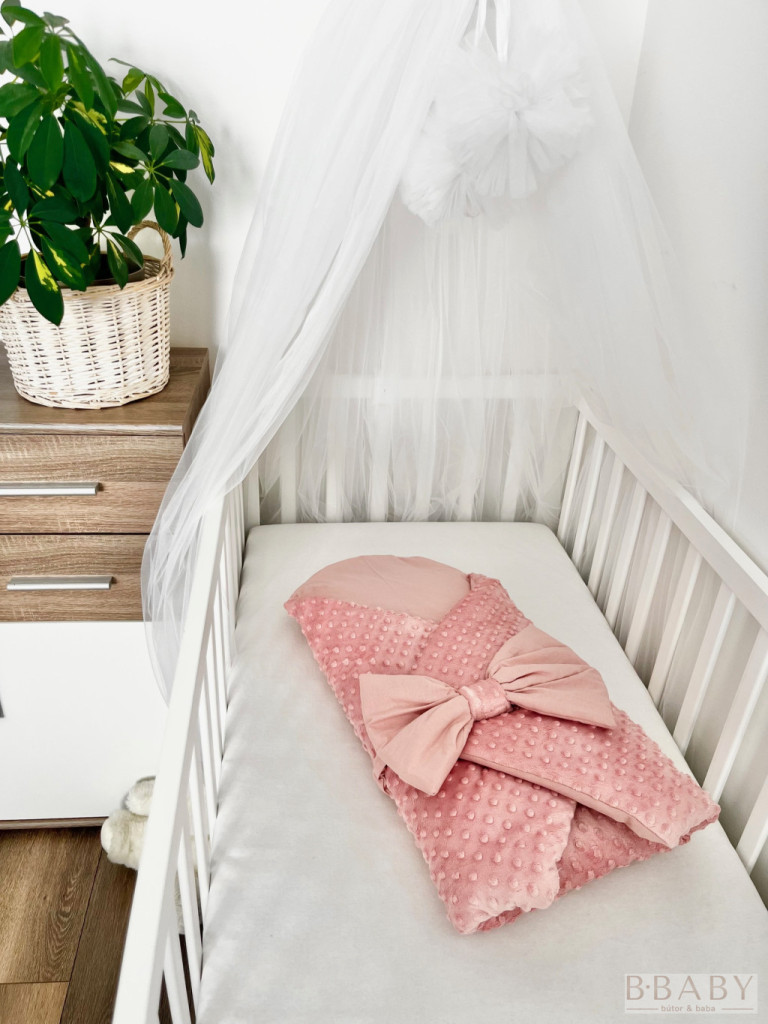 Kókuszpólya – Phoebe púder minky és pamut, 80×80 cm – Kislányoknak, dekoratív masnival, kókuszbetéttel