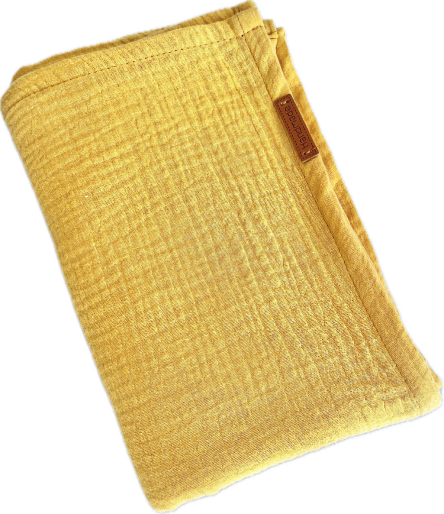 Mustársárga muszlin babatakaró – 100x130 cm, légies duplagéz takaró a természetes öleléshez – babatermék