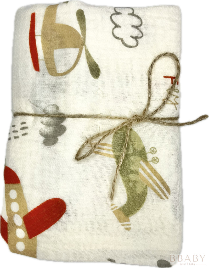 Born to Fly muszlin takaró 100x130 cm – repülős minta, 100% pamut duplagéz baba textil – babatermék