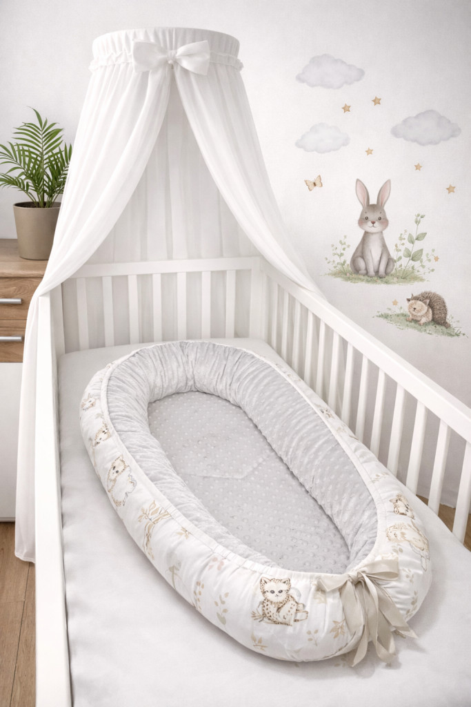 Bbaby babafészek – Afrikai Kaland, halványszürke minky és állatos pamutvászon, 68×85 cm