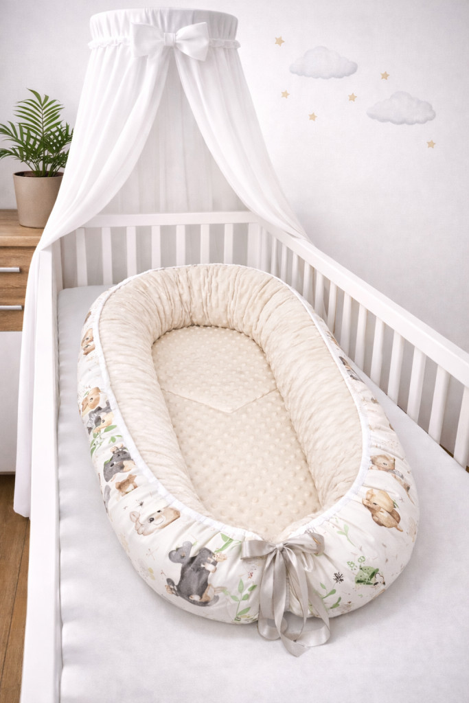 Bbaby babafészek – Dínó, bézs minky és dinoszauruszos pamutvászon
