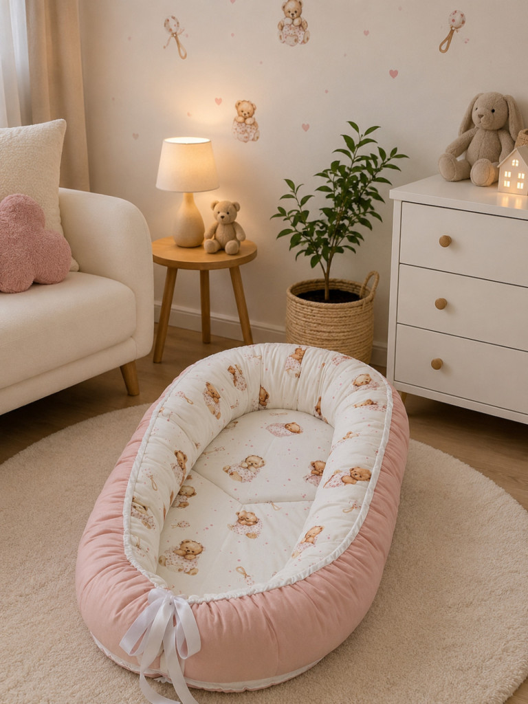 Bbaby babafészek – Csörgős maci és púder pamutvászon