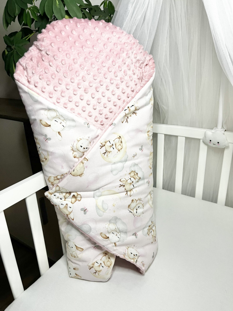 Bbaby kókuszpólya – Állatbarát Álom, rózsaszín és púder minky, állatmintás pamutvászon, kivehető kókuszbetéttel