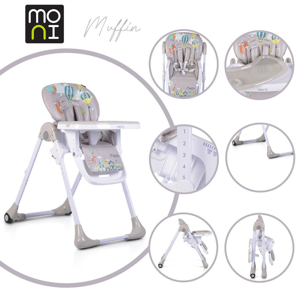 Moni MUFFIN multifunkciós etetőszék, mintás, 2 kerékkel SZÜRKE