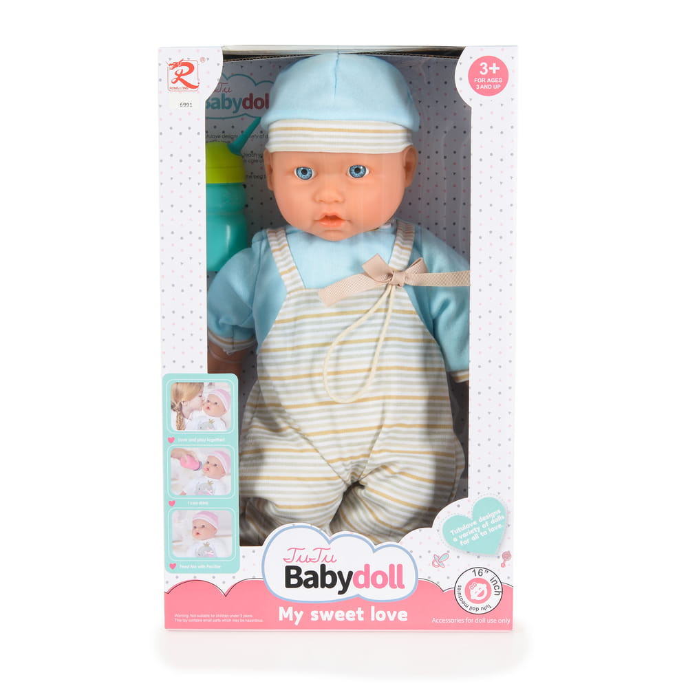 Moni BABA 41 cm-es fiú baba, csíkos, kantáros nacis VKÉK/szürke