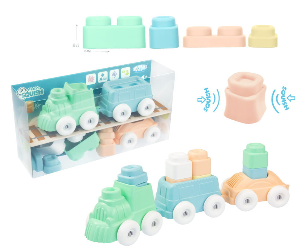 MOCHTOYS Play&Squish puha vonat és kocka szett 12db PASZTELL