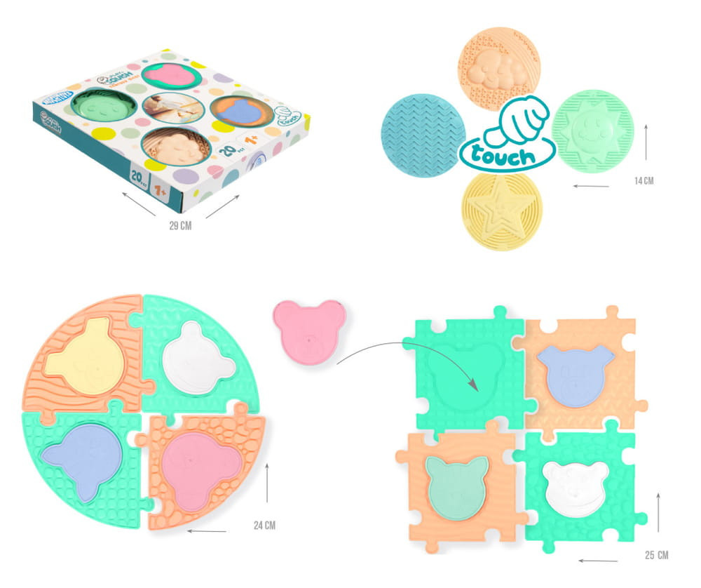 MOCHTOYS Play&Squish szenzorikus szőnyeg -kerek tapilapok 4db + PUZZLE 8+8 db PASZTELL – játszószőnyeg