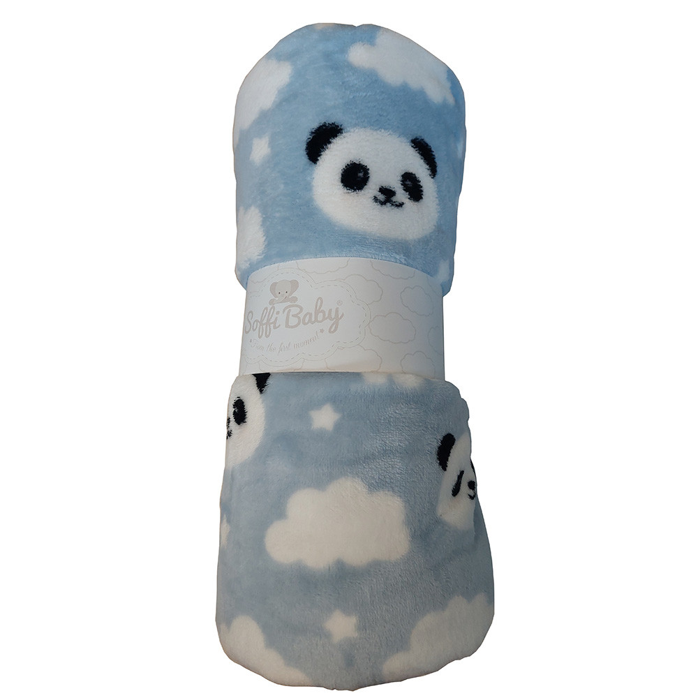 Soffi Baby takaró plüss dupla kék fehér pandapofi 75x100cm – babatermék